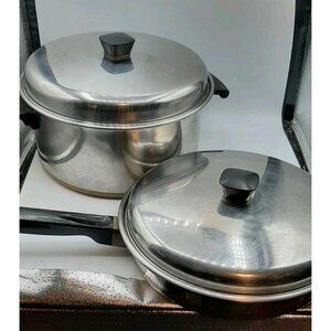 Vintage 2 Tecoware Copper Bottom Stainless Fry Pan Pot With Lids Made in Canada